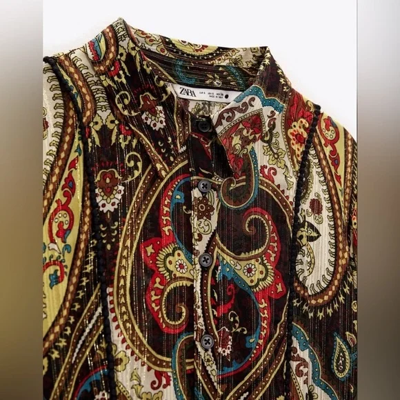 Zara Alabama Belted Midi Shirt Dress Women’s Medium Gold Paisley Lurex Button Up - Picture 3 of 13